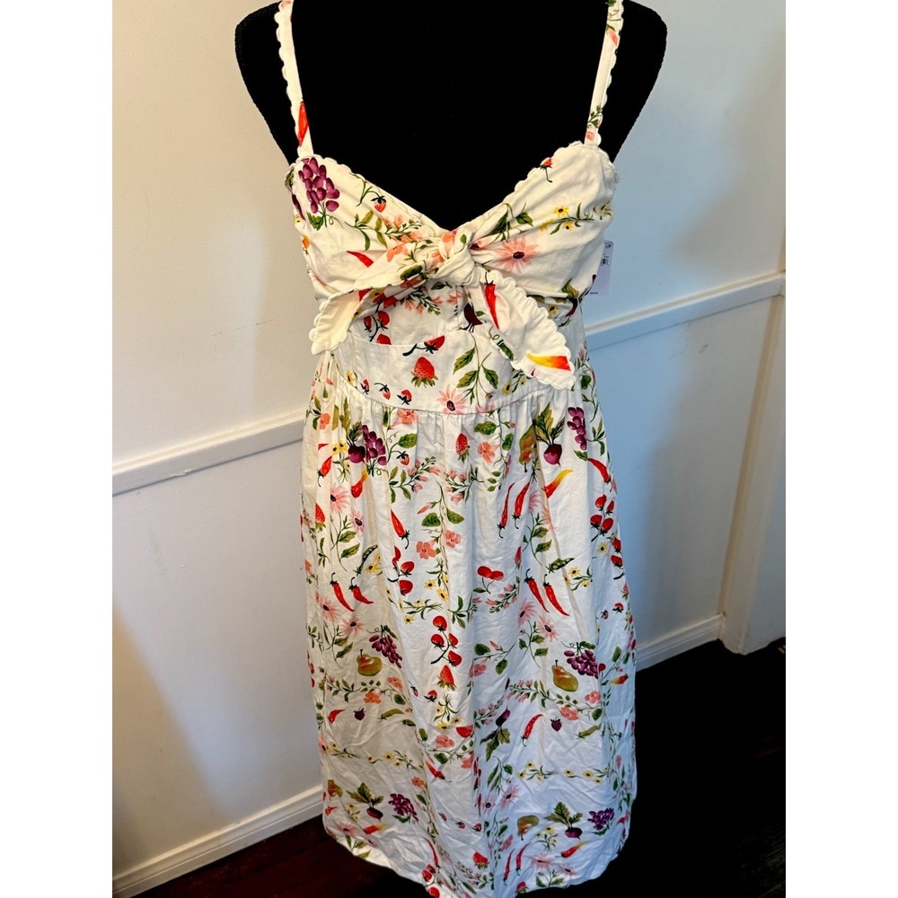 Old Navy Tie Front White Fruit Midi Dress Coquette Cottage Boho Picnic Garden L